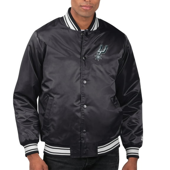 Men's Starter Black San Antonio Spurs Printed Team Name Satin Varsity Full-Snap Jacket