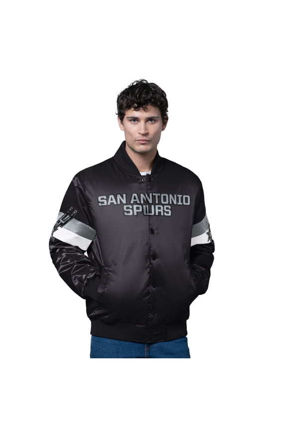 Men's Starter Black San Antonio Spurs Triple Option Varsity Full-Snap Satin Jacket