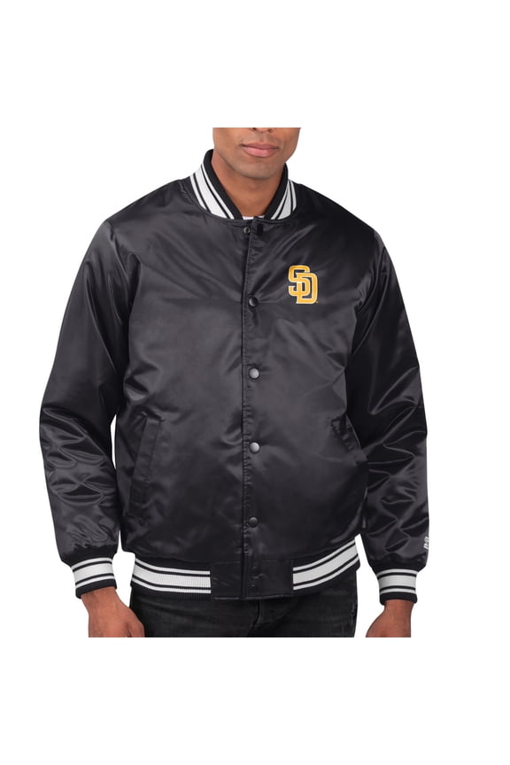 Men's Starter Black San Diego Padres Printed Team Logo Satin Varsity Full-Snap Jacket