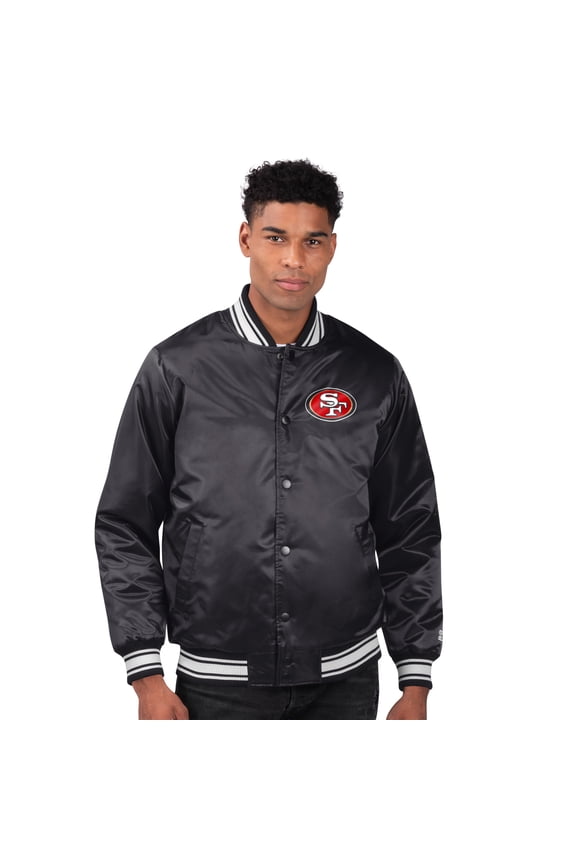 Men's Starter Black San Francisco 49ers Printed Team Logo Satin Varsity Full-Snap Jacket