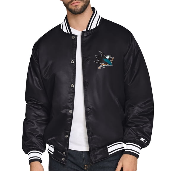 Men's Starter Black San Jose Sharks Triangle Satin Varsity Full-Snap Jacket