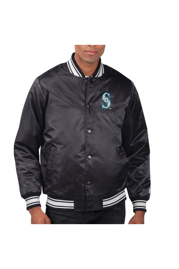 Men's Starter Black Seattle Mariners Printed Team Logo Satin Varsity Full-Snap Jacket