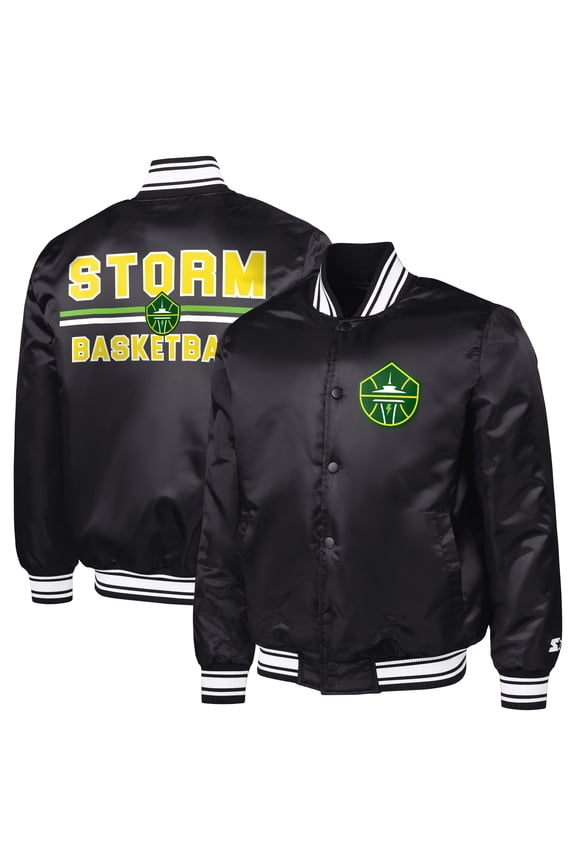 Men's Starter Black Seattle Storm Satin Varsity Full-Snap Jacket
