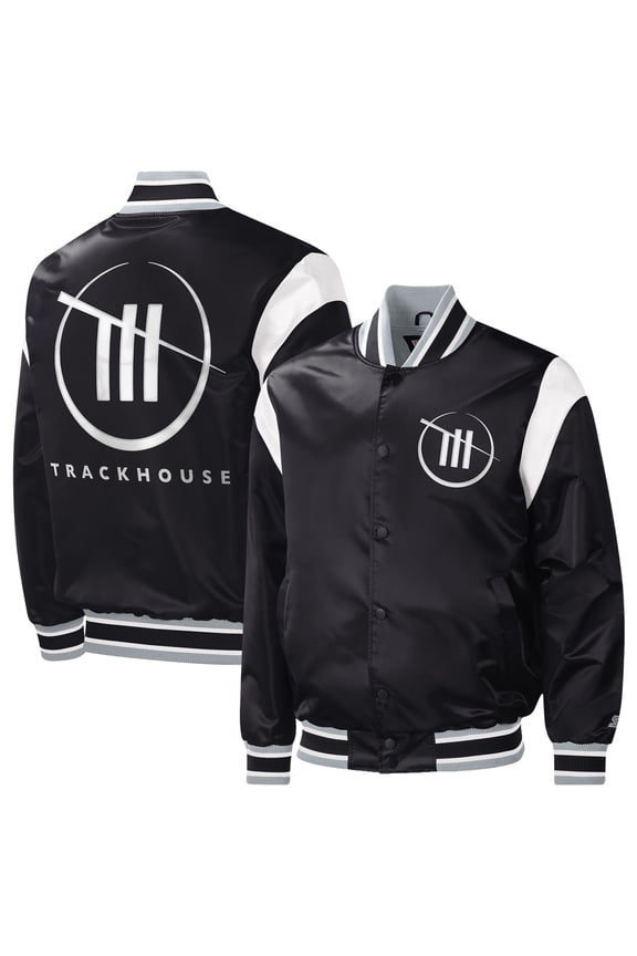 Men's Starter Black TRACKHOUSE RACING Force Play Full-Snap Varsity Jacket