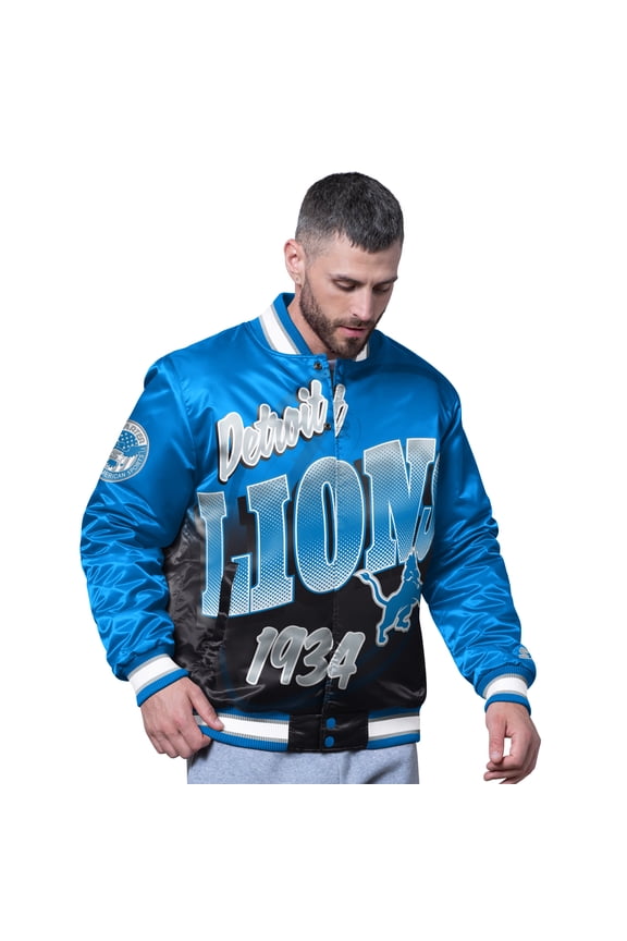 Men's Starter Blue Detroit Lions Pass Rush Varsity Full-Snap Jacket