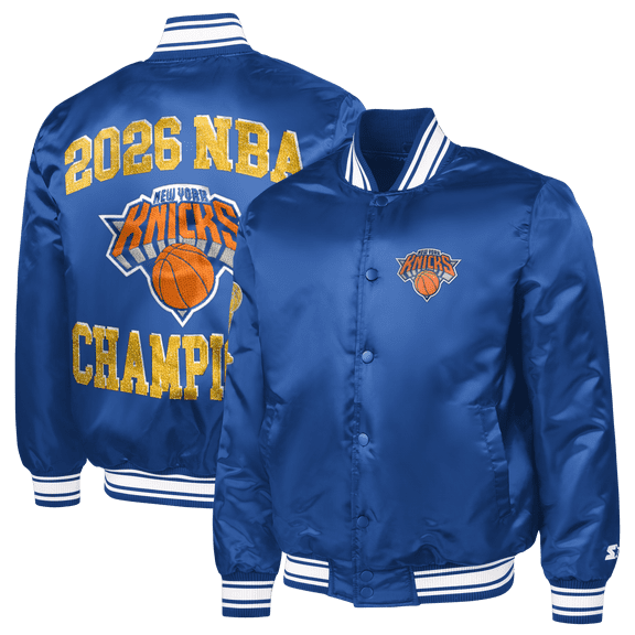 Men's Starter Blue New York Knicks 2026 NBA Finals Champions Satin Full-Snap Varsity Jacket