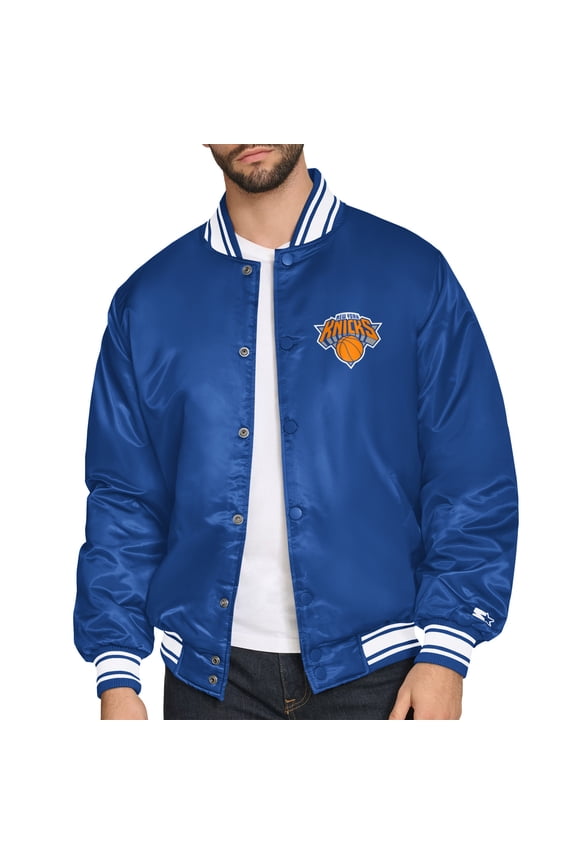 Men's Starter Blue New York Knicks Printed Team Logo Satin Varsity Full-Snap Jacket