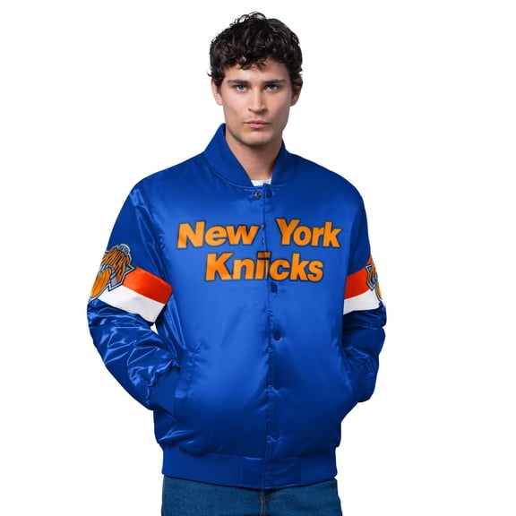 Men's Starter Blue New York Knicks Triple Option Varsity Full-Snap Satin Jacket