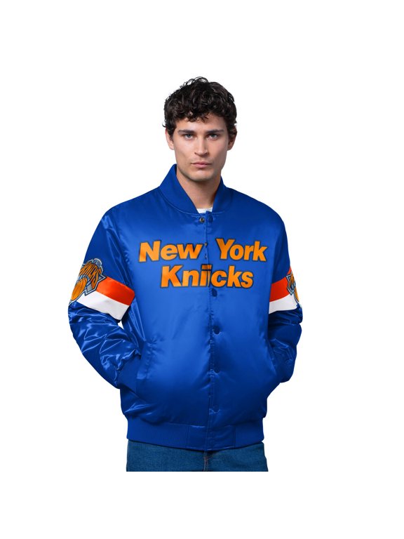 Men's Starter Blue New York Knicks Triple Option Varsity Full-Snap Satin Jacket