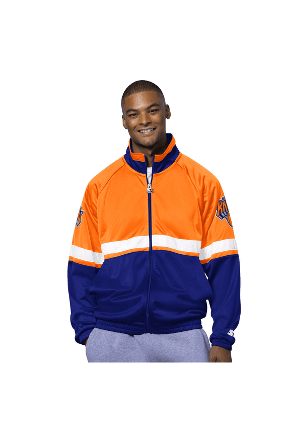 Men's Starter Blue/White New York Knicks The Veteran Tricot Track Raglan Full-Zip Jacket