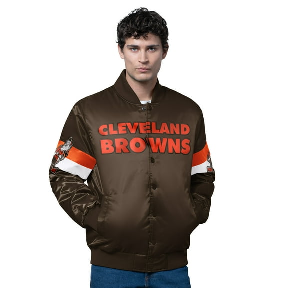 Men's Starter Brown Cleveland Browns Triple Option Satin Varsity Vintage Logo Full-Snap Jacket