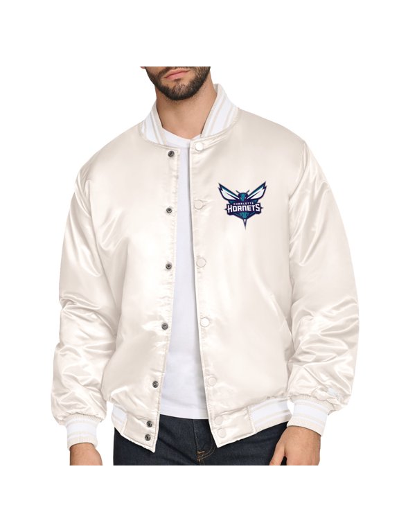 Men's Starter Cream Charlotte Hornets Double Team Satin Varsity Full-Snap Jacket
