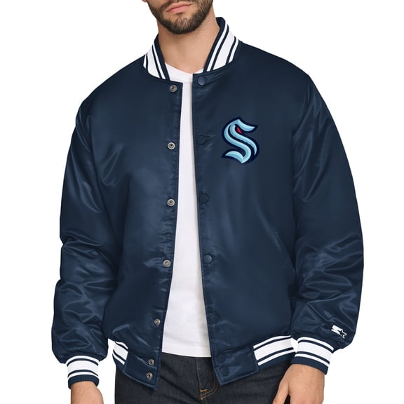 Men's Starter Deep Sea Blue Seattle Kraken Triangle Satin Varsity Full-Snap Jacket