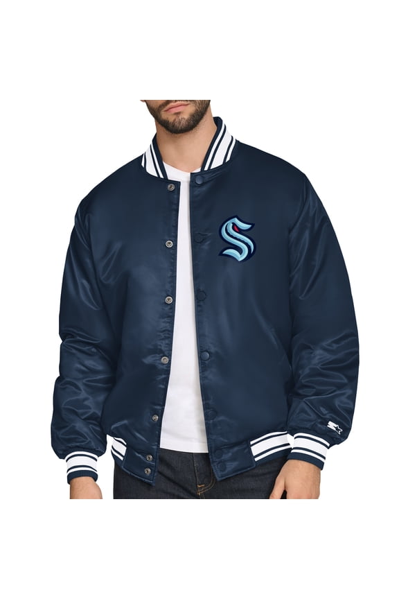 Men's Starter Deep Sea Blue Seattle Kraken Triangle Satin Varsity Full-Snap Jacket