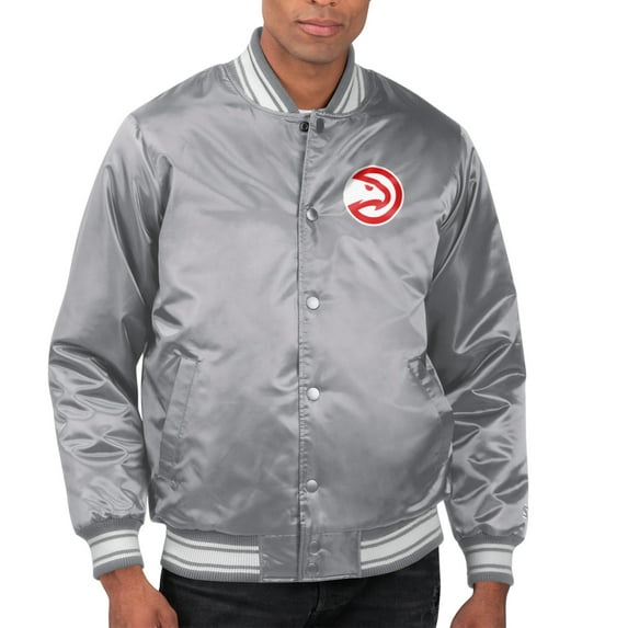 Men's Starter Gray Atlanta Hawks Printed Team Name Satin Varsity Full-Snap Jacket