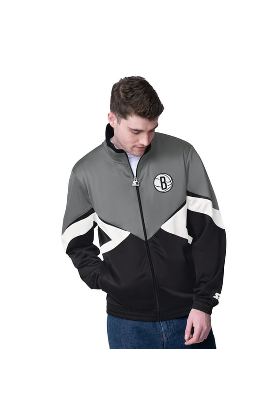 Men's Starter Gray/Black Brooklyn Nets Rush Applique Full-Zip Track Jacket
