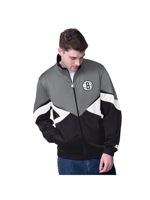 Men's Starter Gray/Black Brooklyn Nets Rush Applique Full-Zip Track Jacket