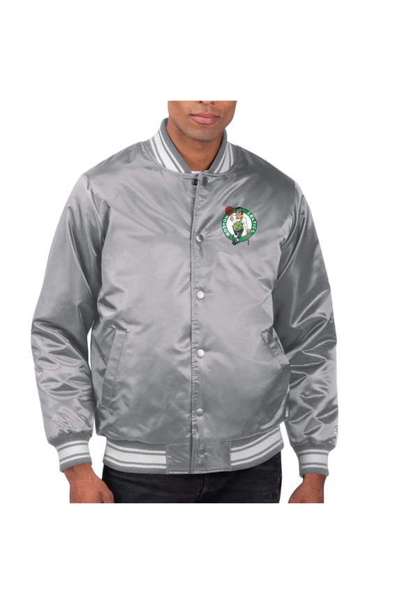 Men's Starter Gray Boston Celtics Printed Team Name Satin Varsity Full-Snap Jacket