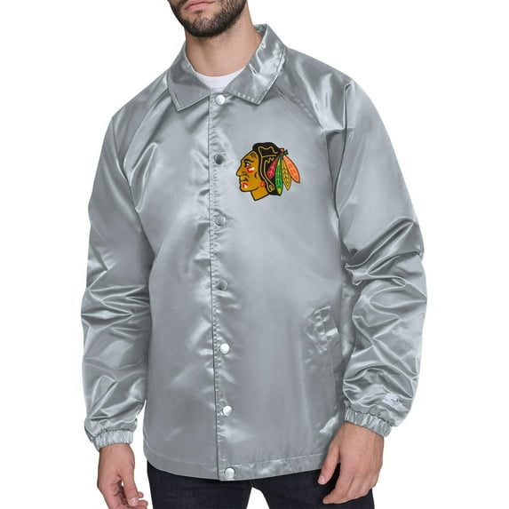 Men's Starter Gray Chicago Blackhawks Printed Logo Coaches Full-Snap Jacket