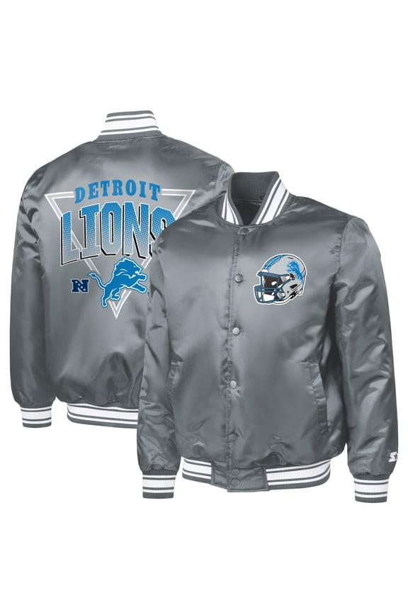 Men's Starter Gray Detroit Lions Printed Triangle Graphic Satin Full-Snap Varsity Jacket