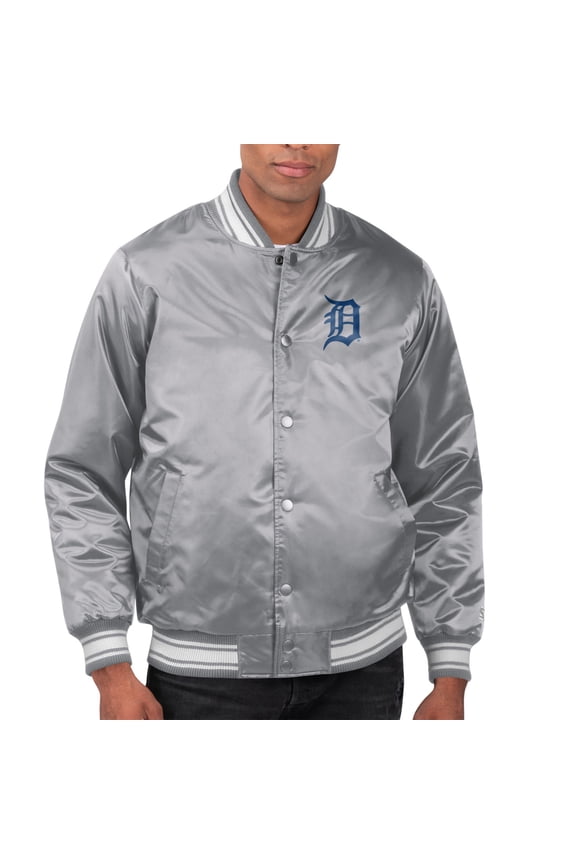 Men's Starter Gray Detroit Tigers Printed Team Logo Satin Varsity Full-Snap Jacket