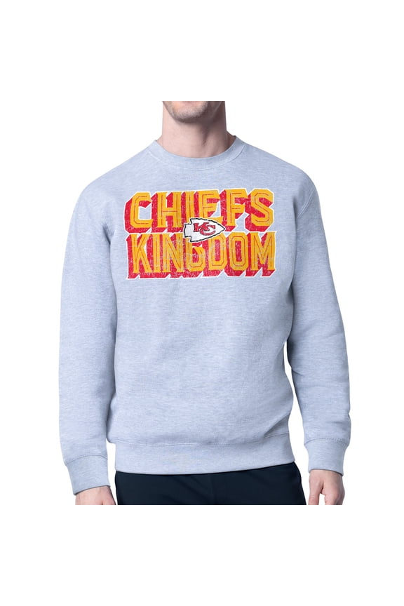 Men's-Starter Gray Kansas City Chiefs Distressed Team Phrase Fleece Pullover Sweatshirt