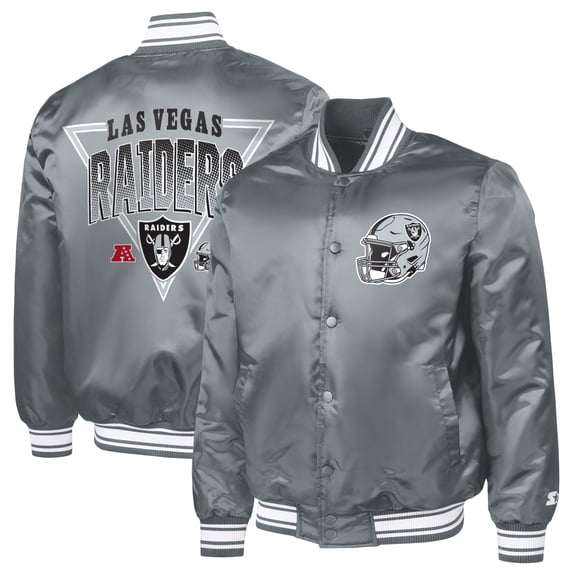 Men's Starter Gray Las Vegas Raiders Printed Triangle Graphic Satin Full-Snap Varsity Jacket