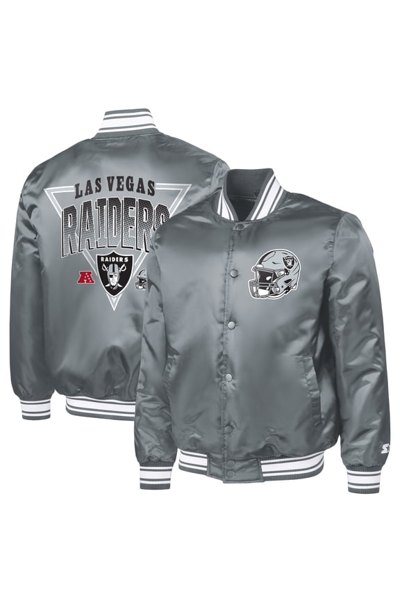 Men's Starter Gray Las Vegas Raiders Printed Triangle Graphic Satin Full-Snap Varsity Jacket
