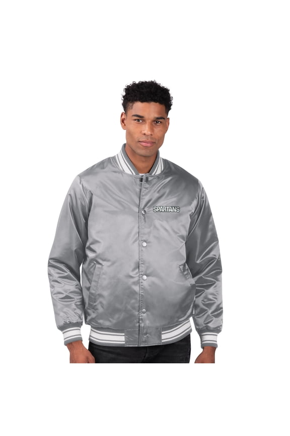 Men's Starter Gray Michigan State Spartans Two-Hit Satin Varsity Full-Snap Jacket
