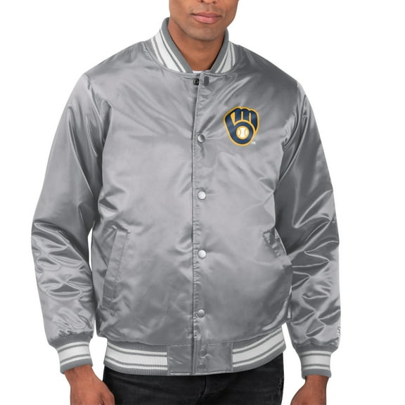 Men's Starter Gray Milwaukee Brewers Printed Team Logo Satin Varsity Full-Snap Jacket