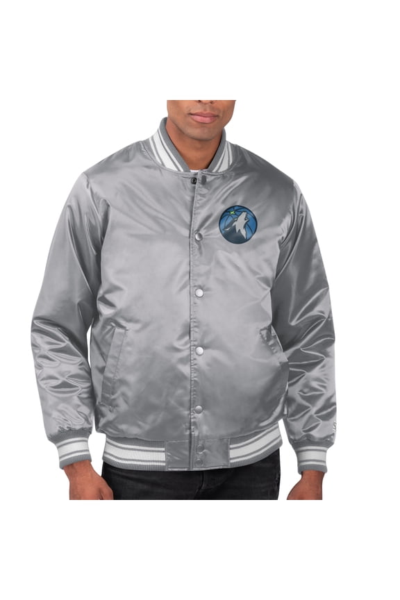 Men's Starter Gray Minnesota Timberwolves Printed Team Name Satin Varsity Full-Snap Jacket