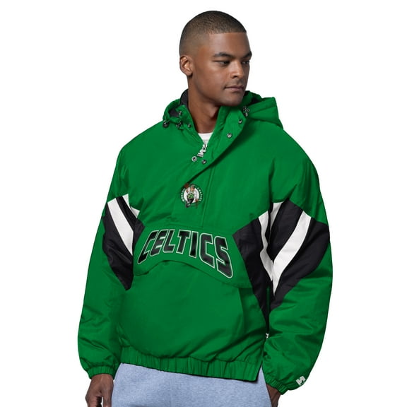 Men's Starter Green Boston Celtics The Line Up Oxford Crinkle Half-Zip Hooded Jacket