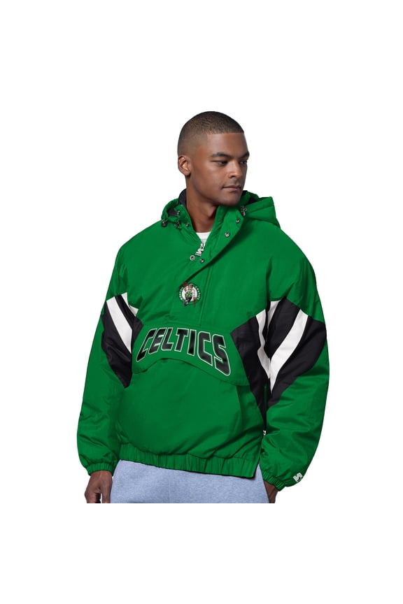 Men's Starter Green Boston Celtics The Line Up Oxford Crinkle Half-Zip Hooded Jacket