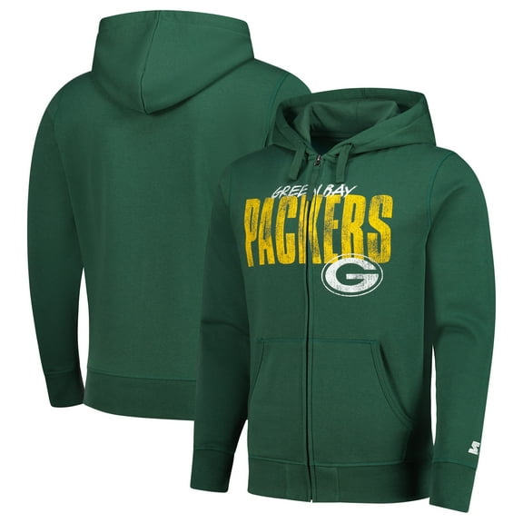 Men's Starter Green Green Bay Packers Distressed Classic Full-Zip Hoodie