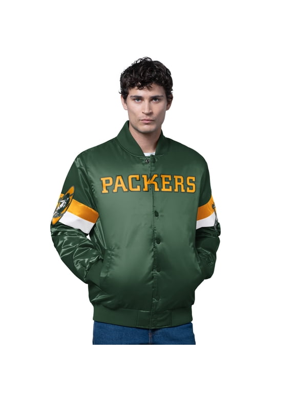 Men's Starter Green Green Bay Packers Triple Option Satin Varsity Vintage Logo Full-Snap Jacket