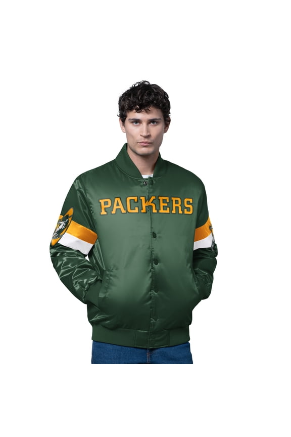 Men's Starter Green Green Bay Packers Triple Option Satin Varsity Vintage Logo Full-Snap Jacket