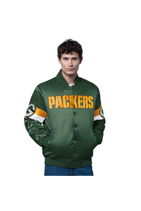 Men's Starter Green Green Bay Packers Triple Option Satin Varsity Full-Snap Jacket