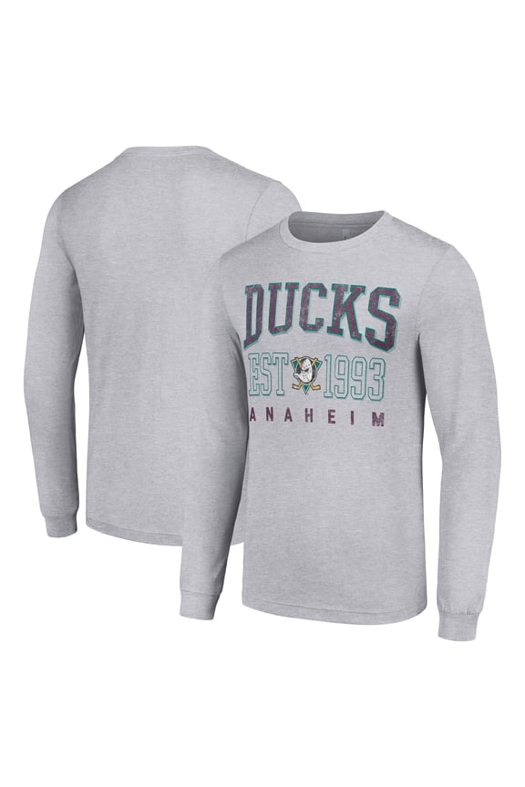 Men's Starter Heather Gray Anaheim Ducks Retro Graphic Long Sleeve Crew T-Shirt