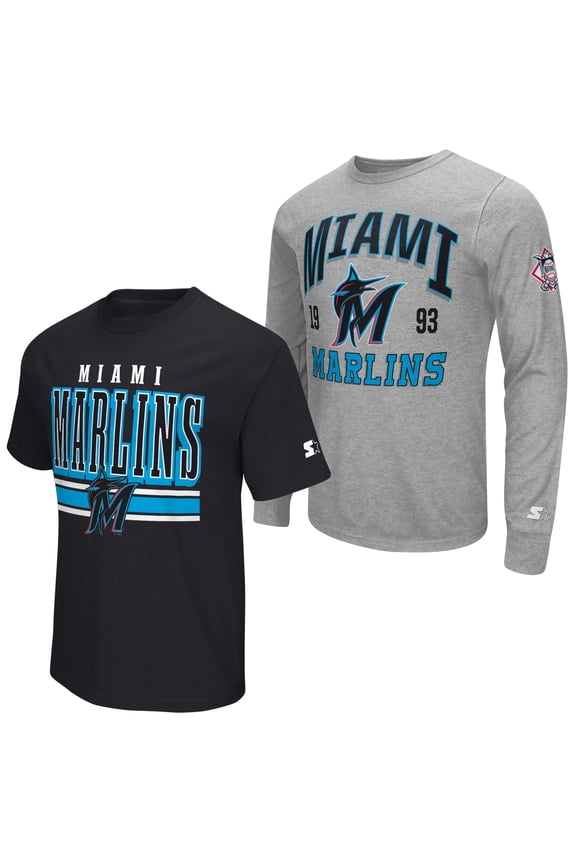 Men's Starter Heather Gray/Black Miami Marlins Two-Pack Long Sleeve & Short Sleeve T-Shirt Set