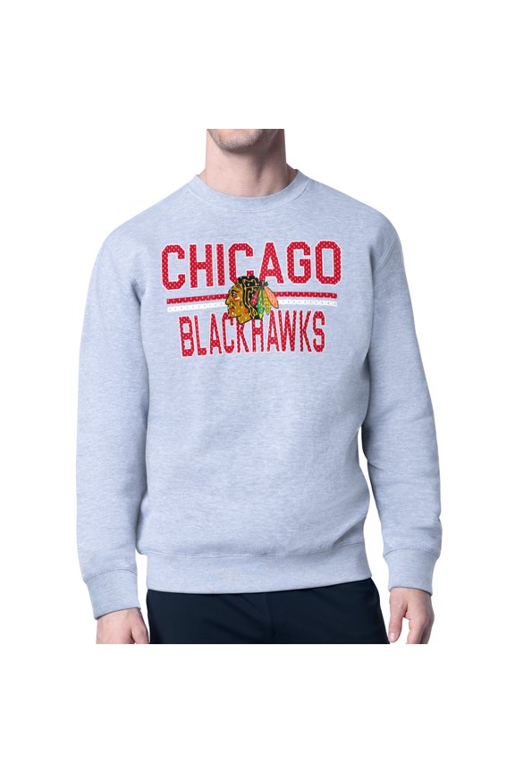 Men's Starter Heather Gray Chicago Blackhawks Mesh Look Team Name Logo Pullover Sweatshirt