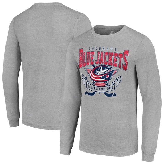 Men's Starter Heather Gray Columbus Blue Jackets '80s Inspired Team Logo Long Sleeve T-Shirt