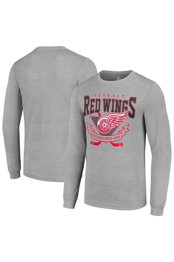 Men's Starter Heather Gray Detroit Red Wings '80s Inspired Team Logo Long Sleeve T-Shirt