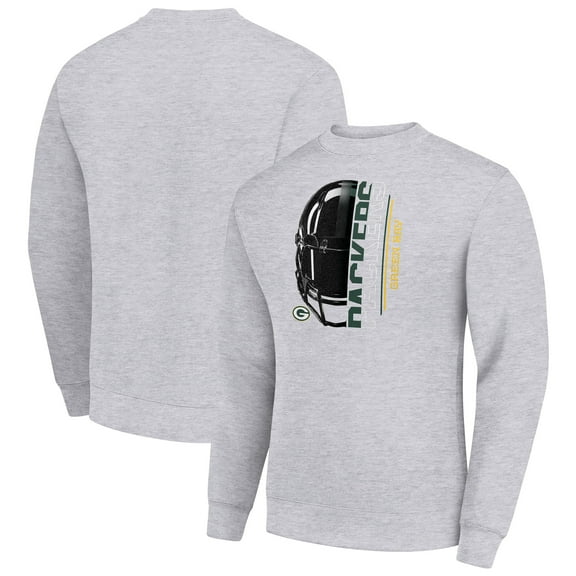 Men's Starter Heather Gray Green Bay Packers Half Helmet Team Graphic Tri-Blend Fleece Pullover Sweatshirt