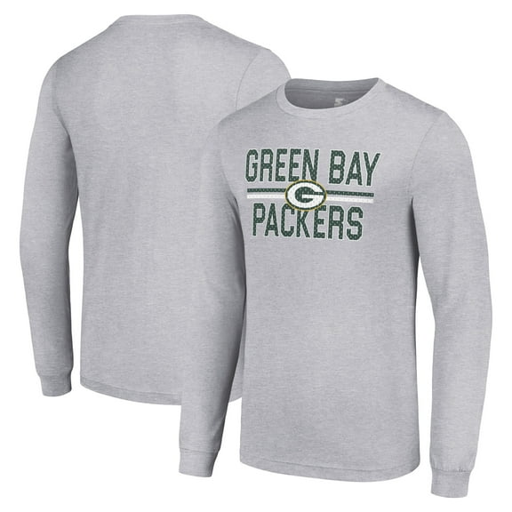 Men's Starter Heather Gray Green Bay Packers Team Mesh Print Graphic Long Sleeve T-Shirt