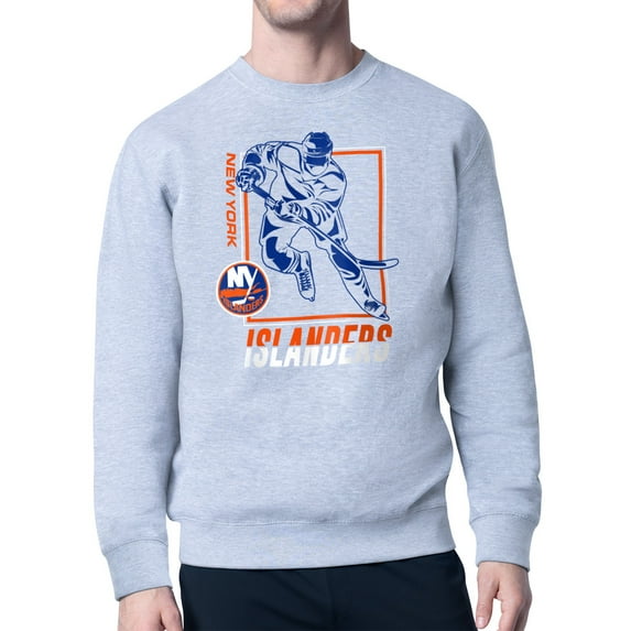 Men's Starter Heather Gray New York Islanders Player Grid Fleece Pullover Sweatshirt