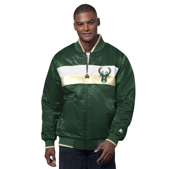 Men's Starter Hunter Green/Cream Milwaukee Bucks The Ambassador Satin Varsity Jacket