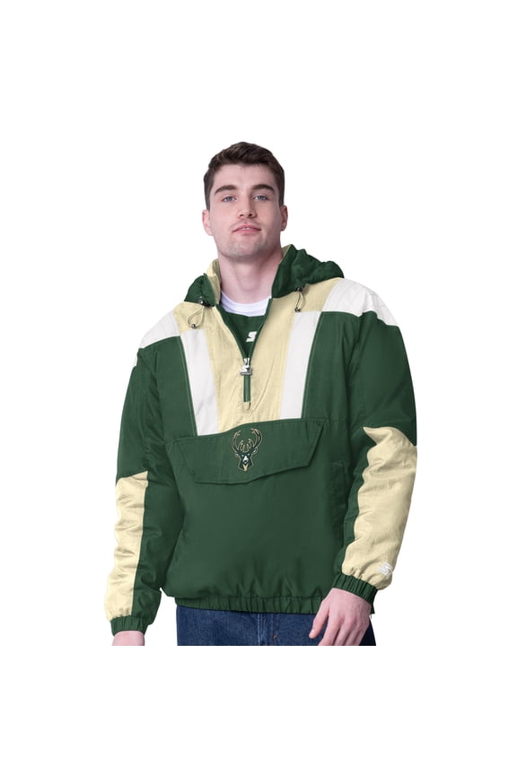 Men's Starter  Hunter Green/Cream Milwaukee Bucks Charger Half-Zip Pullover Jacket