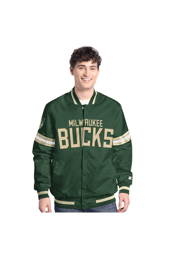 Men's Starter Hunter Green/Cream Milwaukee Bucks Scout Full Snap Varsity Jacket
