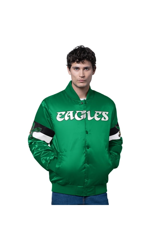 Men's Starter Kelly Green Philadelphia Eagles Triple Option Satin Varsity Vintage Logo Full-Snap Jacket