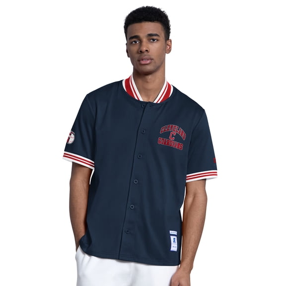 Men's Starter  Navy Cleveland Guardians Button-Up Short Sleeve Jacket